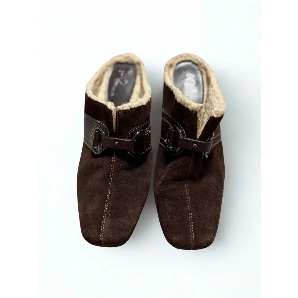 Aerosoles Chocolate Brown Buckle Detail Suede Mules with Shearling Lining Sz 7.5